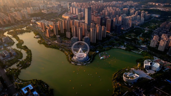 4k福州地标晋安湖公园摩天轮日落城市城投