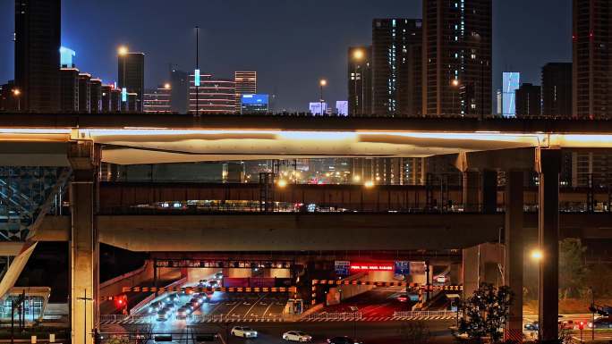 航拍杭州亚运村高架桥地铁高铁夜景宣传片