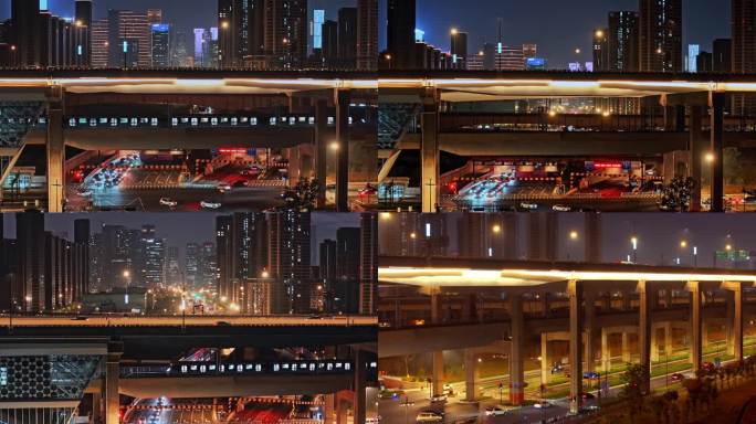 航拍杭州亚运村高架桥地铁高铁夜景宣传片