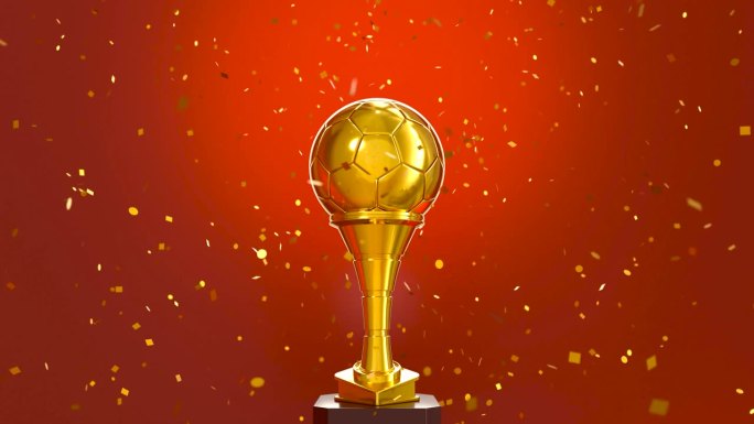 循环视频的金球奖足球奖杯与下降的金色五彩纸屑