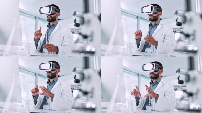 人，科学家和VR或未来眼镜的医疗软件，虚拟世界和3d实验室在数字体验。医务工作者或医生的手在虚拟现实