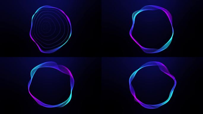 摘要3D渲染霓虹灯圈。紫色霓虹灯圈抽象未来高科技运动背景无缝循环。视频三维动画霓虹灯圆框，圆形，环形