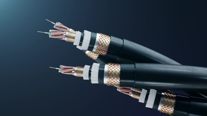 彩色背景上的光纤电缆概念。未来的电缆技术。详细曲线电缆的横截面。强大的网络通信技术。无缝，可循环的3