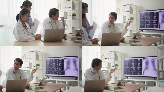 一组医生和护士在医院开会，分析电视屏幕上病人的x光片。
