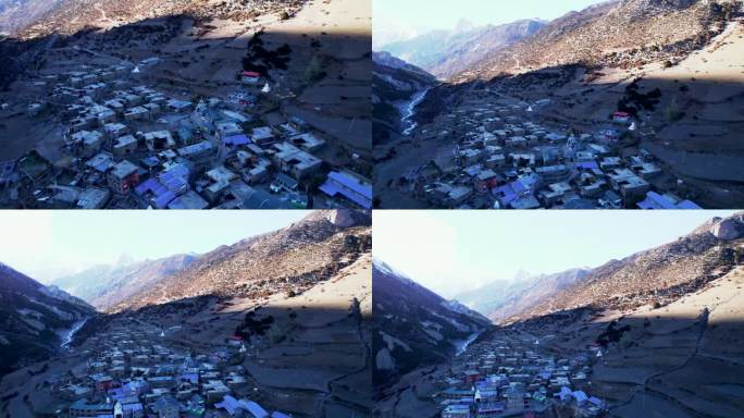 航拍拍摄夕阳下的康沙村民居。直达区。提里科大本营小道。喜马拉雅山脉。喜马拉雅山旅游和徒步旅行的概念。
