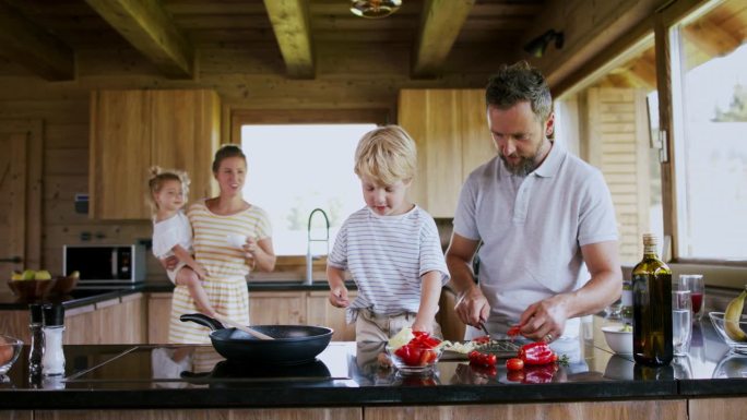 带小孩的家庭在室内做饭，在私人公寓度假。