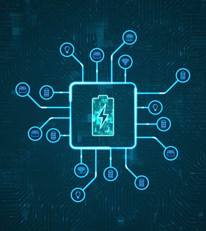 运动图形的蓝色数字电池标志和未来的HUD技术电路板与技术图标和数据传输的抽象背景与电力储备垂直视频的