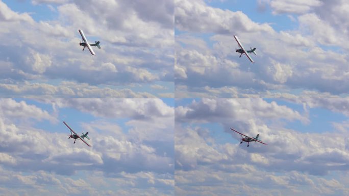 捷克共和国，霍辛——2023年9月2日:老杂技飞机在多云的天空中飞行