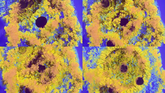 抽象的背景与混合波的烟在黄色和蓝色的组合。数字无缝循环动画。3d渲染4K