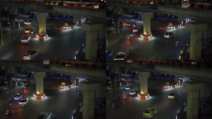 泰国夜间交通在施工道路上的警示灯