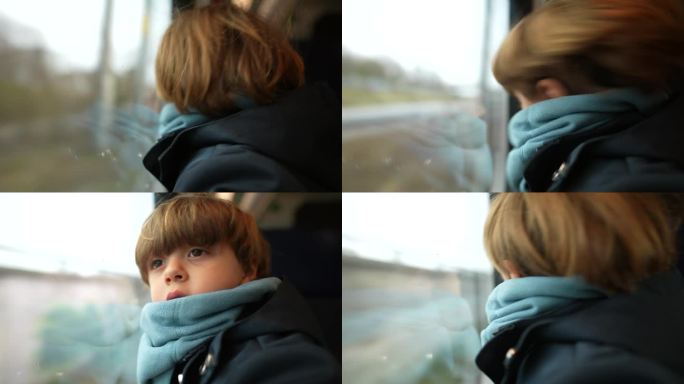 爱玩的孩子穿着发卡靠在车窗玻璃上，在高速行驶的风景中侧过头