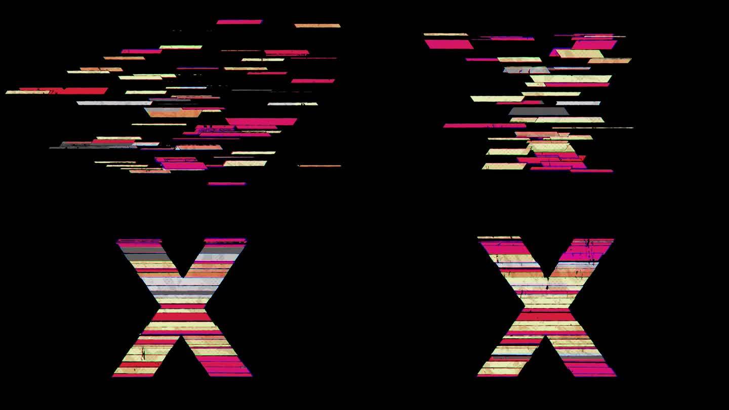 在4k动画透明背景上，X字母通过分散的卡通Glitchy风格出现。