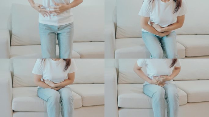 女性问题和子宫内膜异位症，子宫切除术和月经在家里的沙发上，妇女腹部疼痛因胃痛，消化便秘或腹泻食物中毒