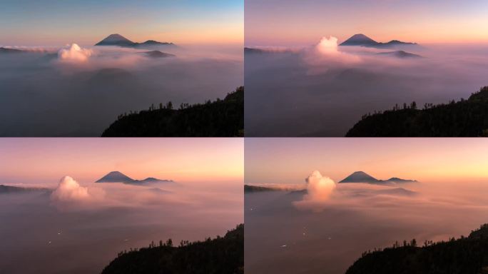 4k延时电影日落场景移动的云，雾和烟雾的喷发覆盖火山mt . Bromo, sememeru, Ba