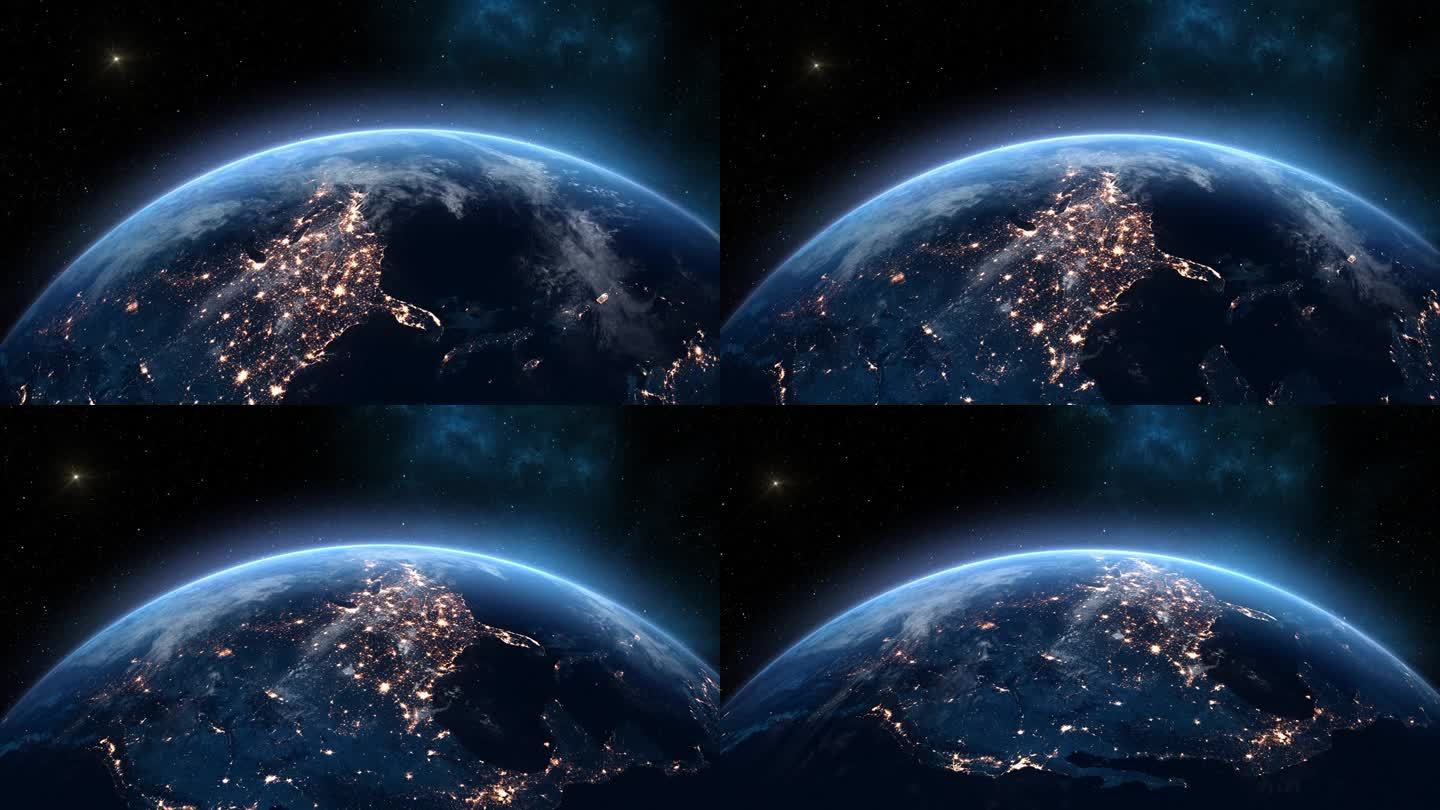 从太空看北美。行星地球夜晚城市灯光。从轨道卫星上看地球的美丽景色。全球技术和商业理念。