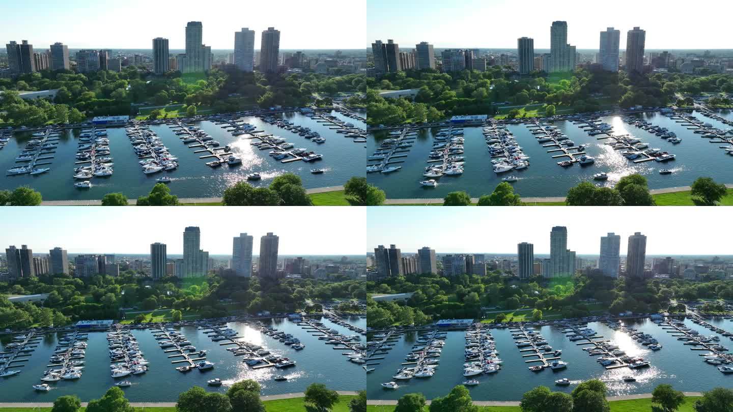 芝加哥市中心附近林肯公园的泰华施港。夏日里密歇根湖豪华码头的航拍。人们乘船和游艇在湖上。
