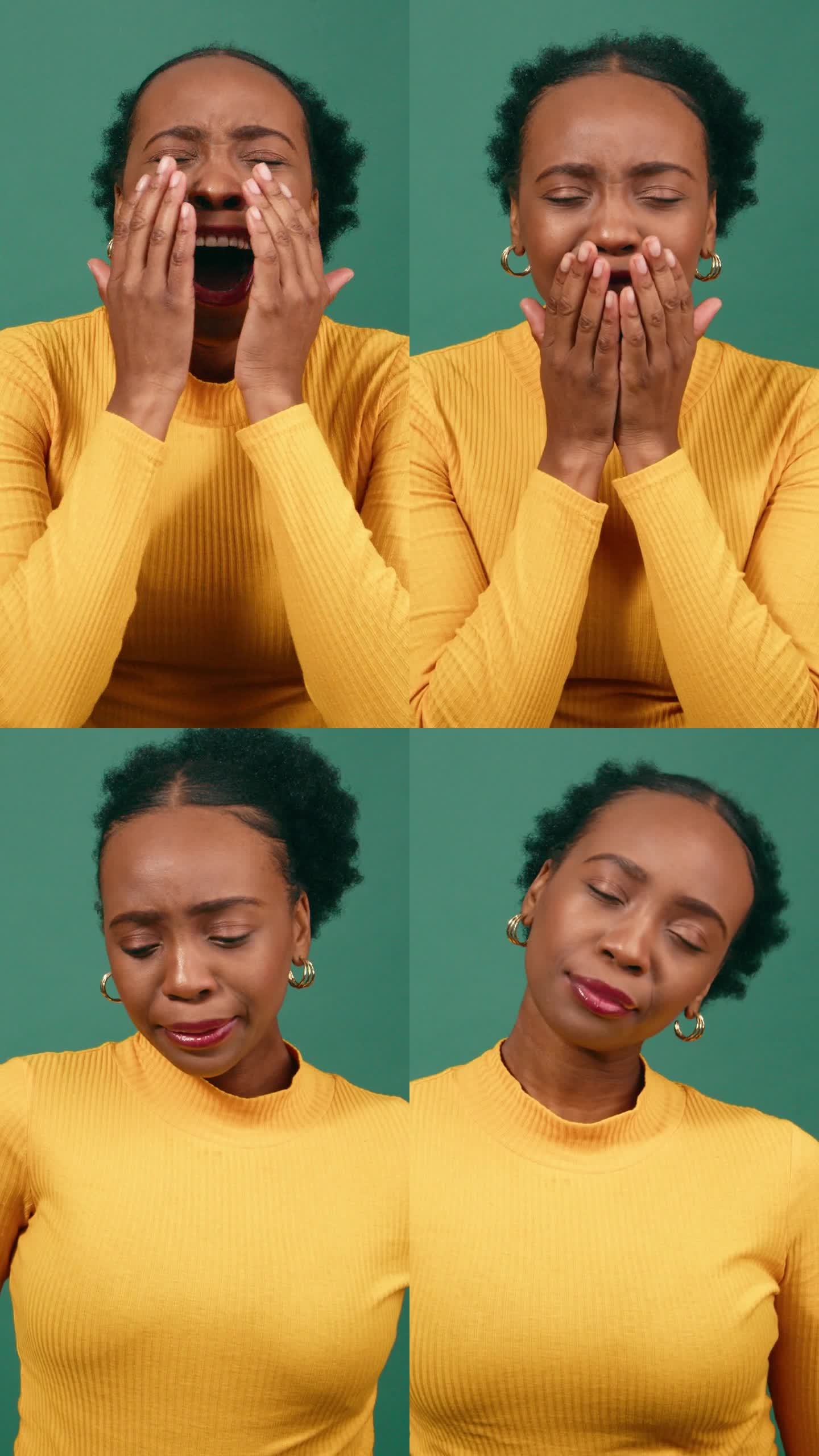 年轻的黑人妇女打着哈欠捂住嘴，绿色背景的演播室录像