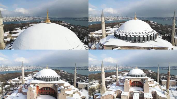 圣索菲亚清真寺(Ayasofya Cami)在冬季无人机视频，苏丹艾哈迈德广场法提赫，伊斯坦布尔土耳