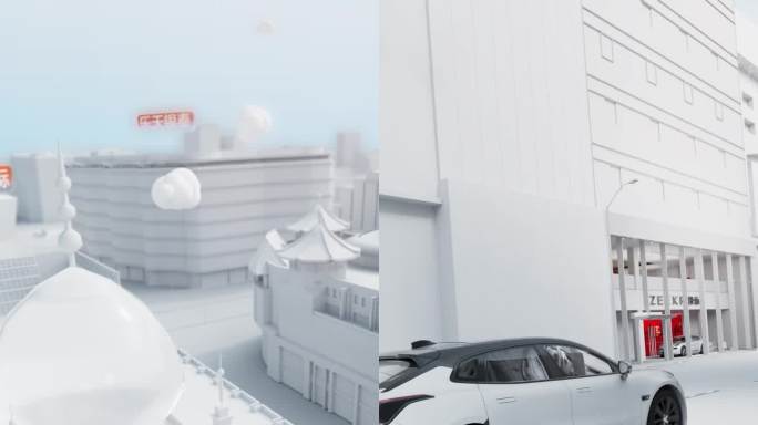 北京王府井大街三维城市白模汽车广告动画