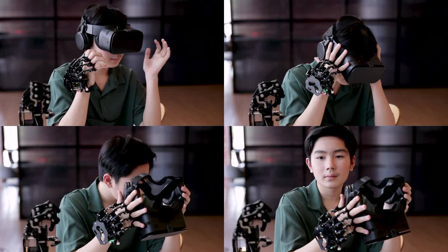 亚洲聪明男孩专注于机器人手臂的创新技术开发，以帮助人类在意外情况下或身体运动问题的实验室课堂上，年轻