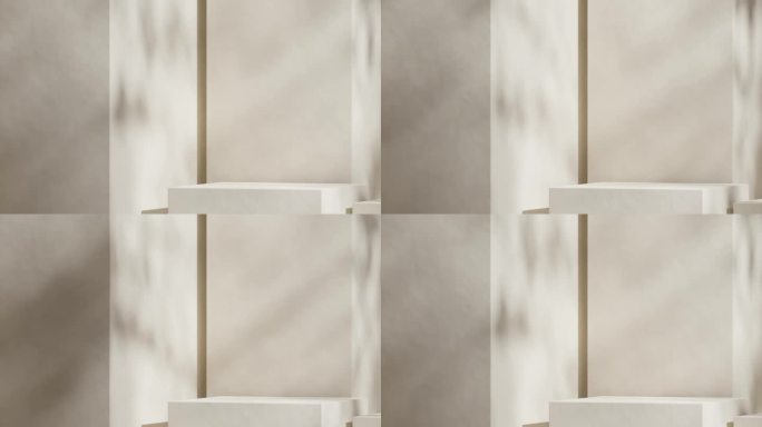 场景模拟光杏仁白色裙楼块与无缝循环阴影动画最小场景白墙，3d视频渲染