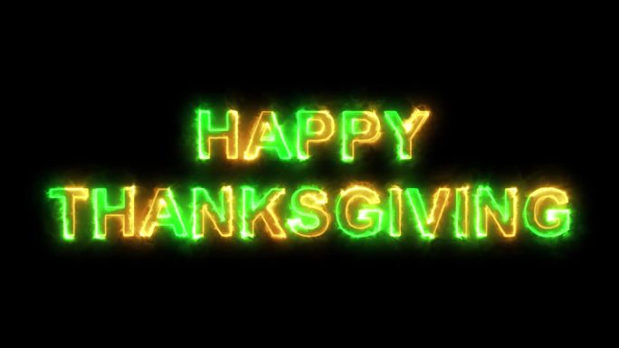 黑色星期五，网络星期一，感恩节辉光彩色霓虹激光文字动画在黑色抽象的背景。4 k。
