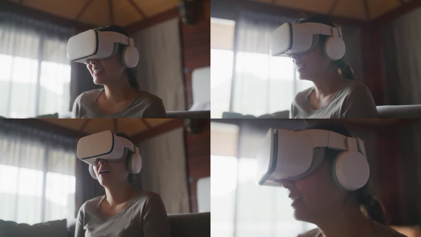 女人在家戴着VR眼镜看娱乐节目