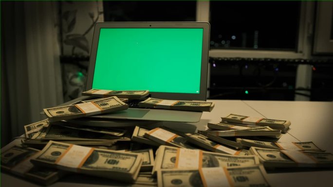 很多100美元现金和深夜绿屏的笔记本电脑。