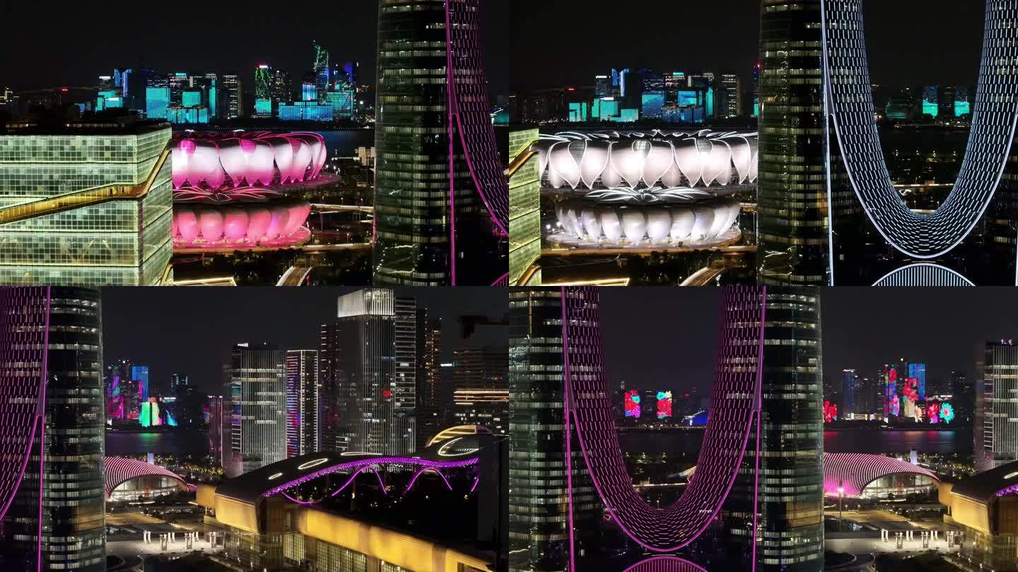航拍杭州地标建筑杭州之门夜景灯光秀宣传片