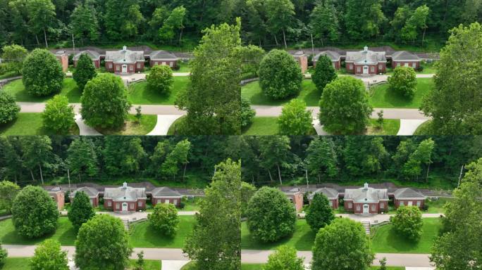 位于俄亥俄州代顿的莱特兄弟国家博物馆。夏日航拍的树木环绕的建筑物。