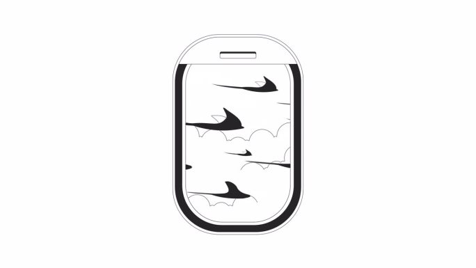 飞机窗口与飞行射线鱼在天空bw轮廓二维对象动画