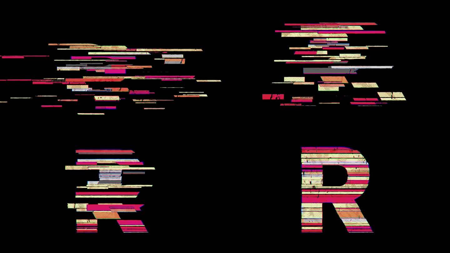 在4k动画透明背景上，R字母通过卡通Glitchy风格的分散碎片出现。