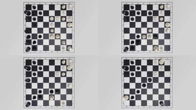 自上而下的视图停止运动延时下棋游戏在白色背景。移动的国际象棋人物