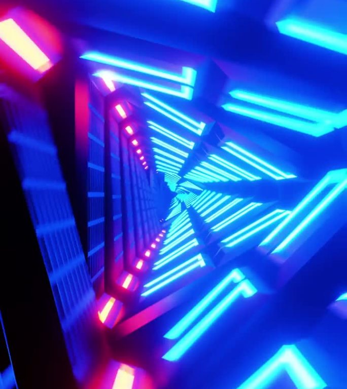 飞过由三角形组成的霓虹灯隧道。循环动画
