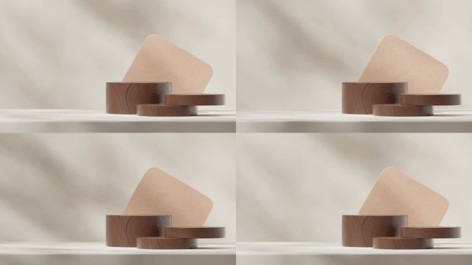 渲染3d素材空白模型的木挂架平台无缝阴影动画循环与棕色水磨石墙