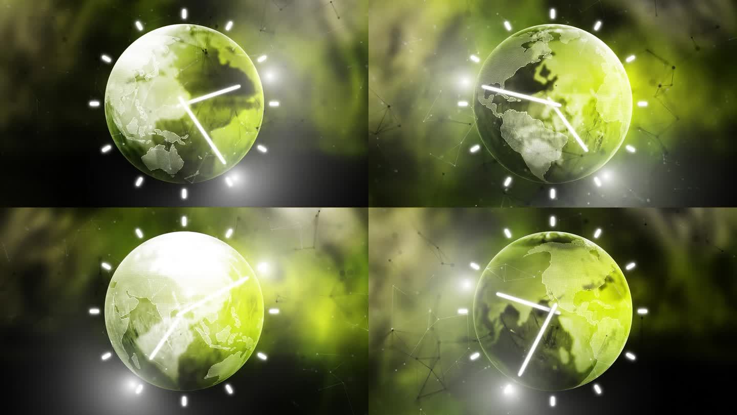 概念绿色地球与时钟动画。概念无缝循环背景。
