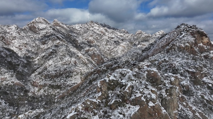 航拍威海市文登区界石镇昆嵛山雪后风光