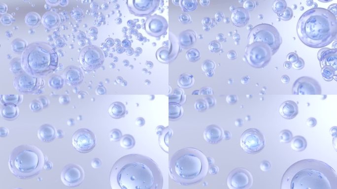 一个微距镜头，在浅蓝色的背景下，许多上升的水泡。