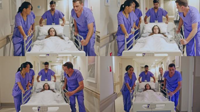 一队多种族的护士和病人一起推着轮式病床匆匆走在医院走廊上