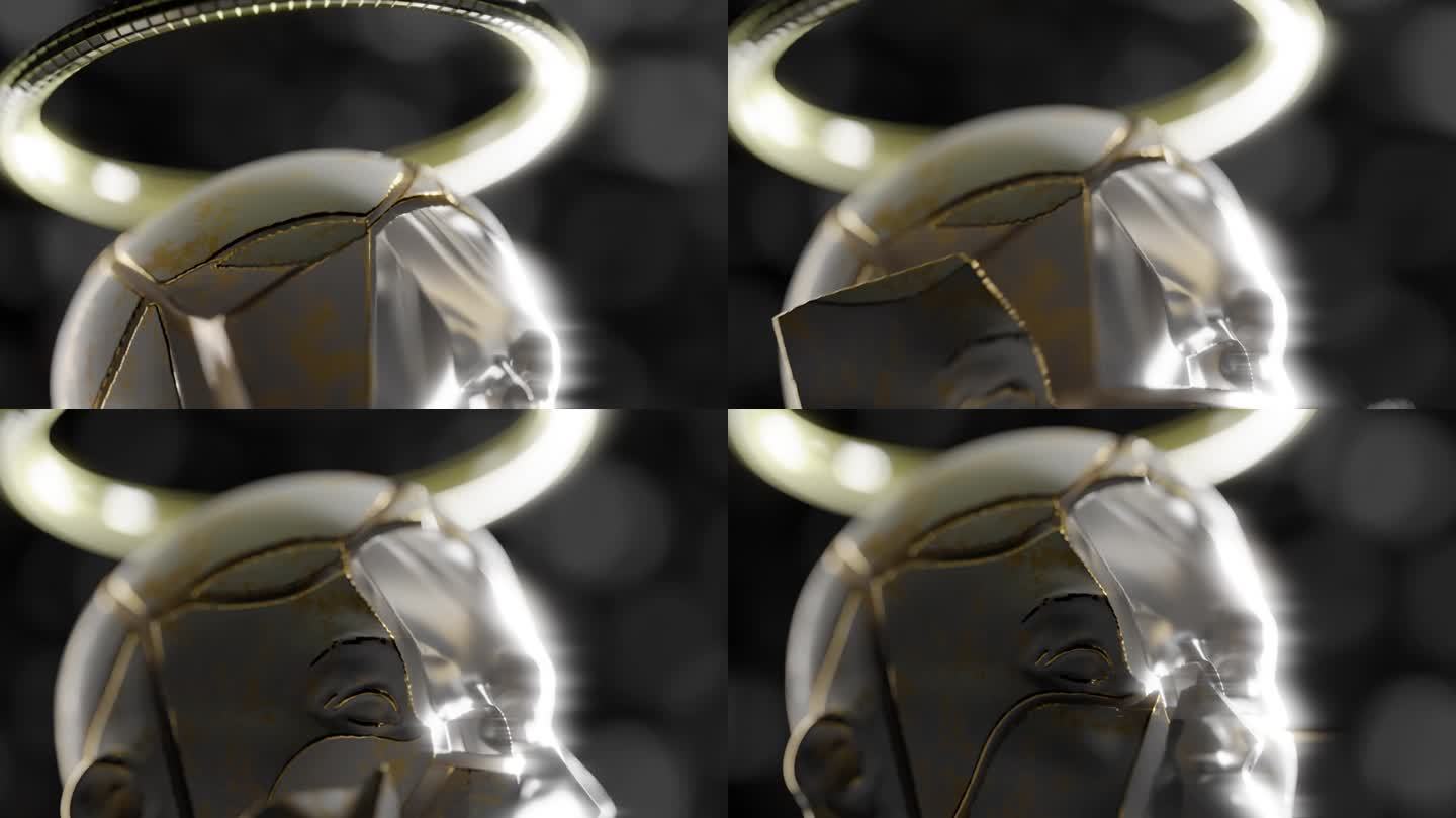 在3D动画中，一张破碎的人脸，头上戴着一个金戒指
