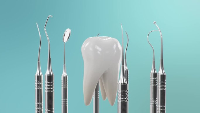 健康牙齿旋转动画。用牙齿工具牙齿。刷牙的概念，护理和预防龋齿。概念口腔护理。牙齿美白。无缝，循环医疗