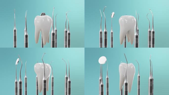 健康牙齿旋转动画。用牙齿工具牙齿。刷牙的概念，护理和预防龋齿。概念口腔护理。牙齿美白。无缝，循环医疗
