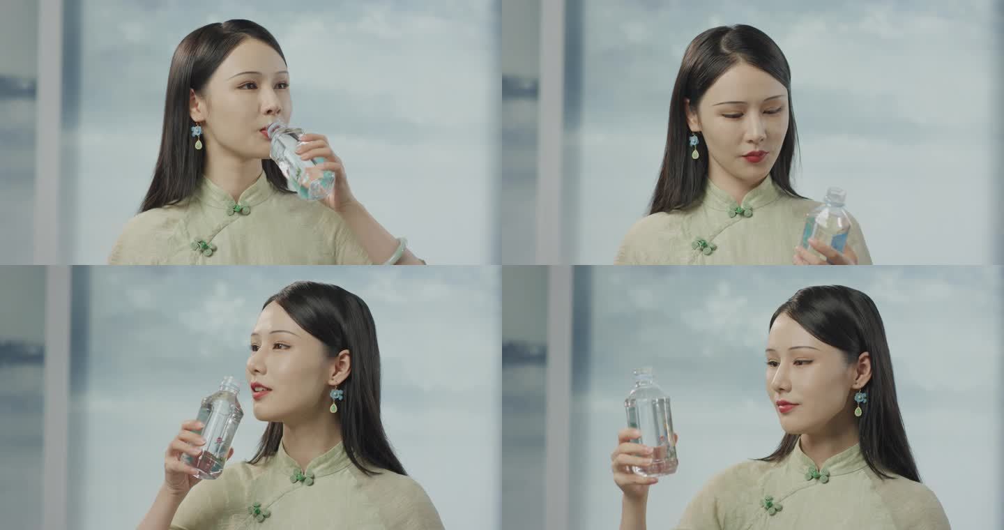 中式服装美女喝水