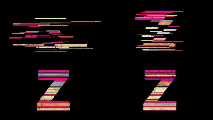 在4k动画透明背景上，Z字母通过分散的卡通Glitchy风格出现。