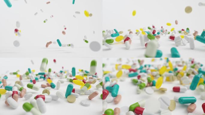 动画慢动作落丸。多色胶囊和片剂:抗生素、维生素、膳食补充剂。药房的产品。公司经营医药、工业、3D动画