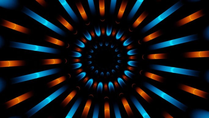 橙色和蓝色霓虹线在圆形隧道vj循环动画