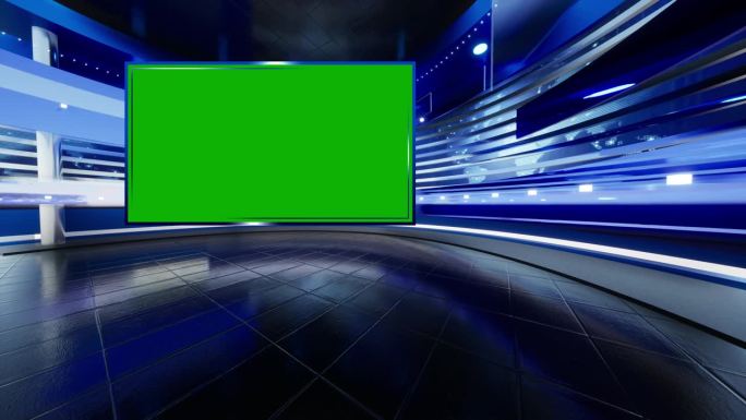 背景电视新闻广播与绿屏。绿屏的虚拟工作室