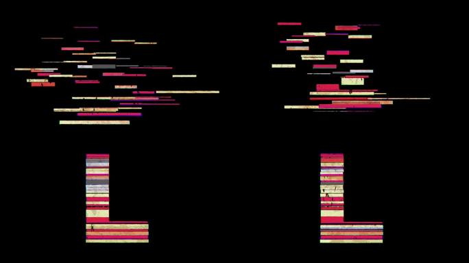 在4k动画透明背景下，L字母通过分散的卡通Glitchy风格出现。