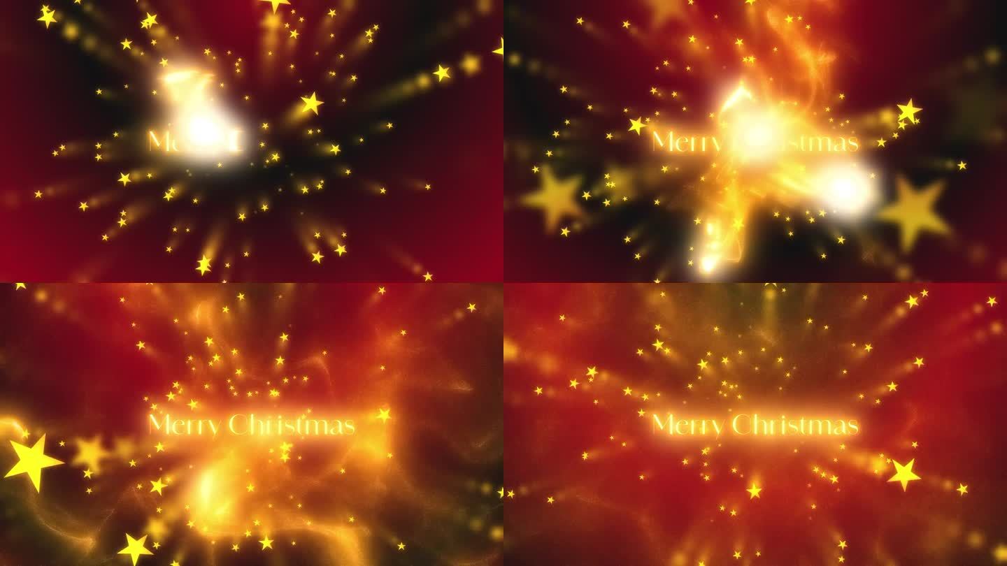 圣诞快乐问候文字与金色粒子，而发光的金色星星从红色和黑色梯度背景。模糊的动态图像。