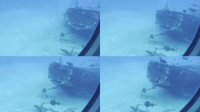 在夏威夷海岸外的海底，一条鱼游过一艘潜艇的舷窗，身后是一艘怪异的沉船。30fps的4K HDR
